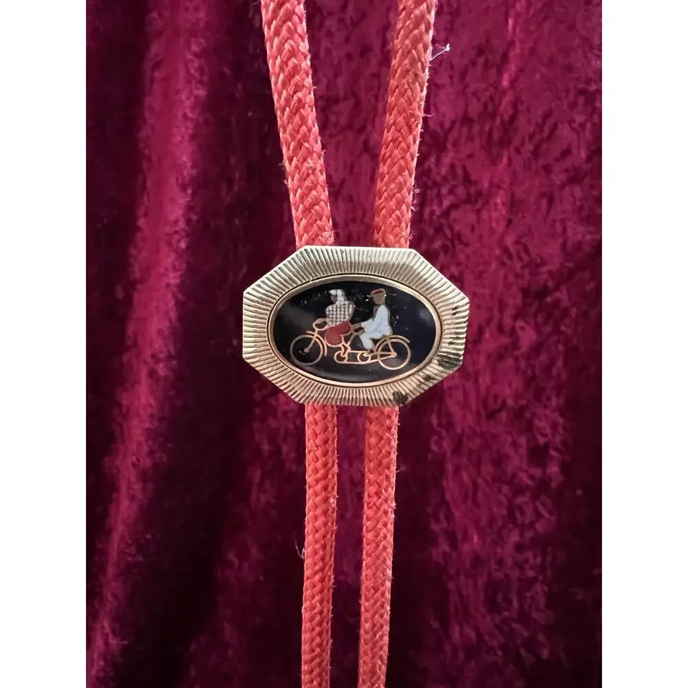 Vintage Metal Bolo Tie - Tandem Bicycle Couple Black Enamel Slide Red Cord